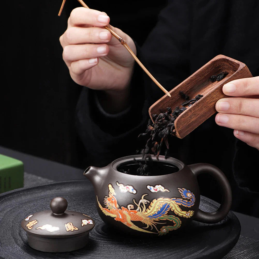 Purple Clay Teapot with Dragon and Phoenix Details