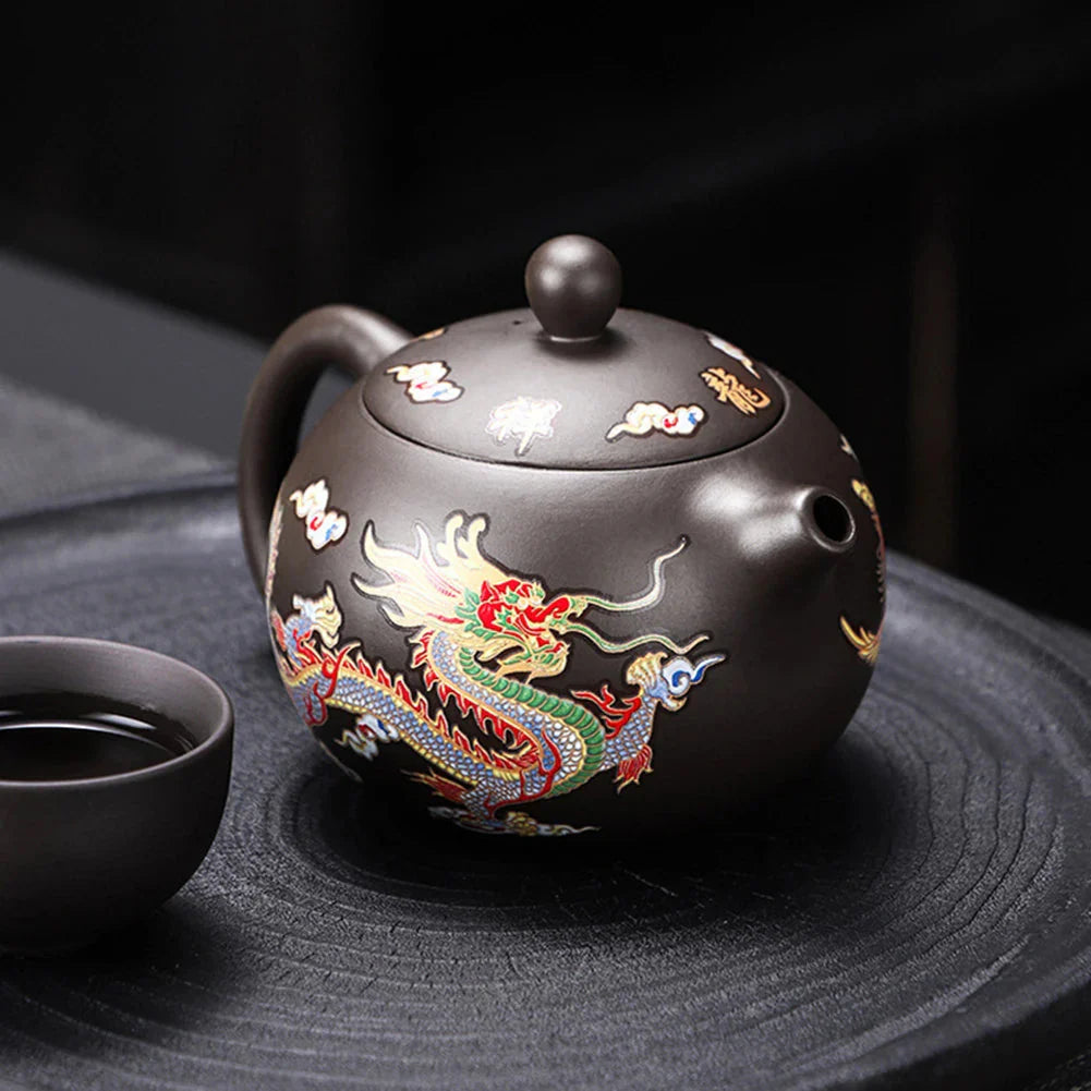 Purple Clay Teapot with Dragon and Phoenix Details