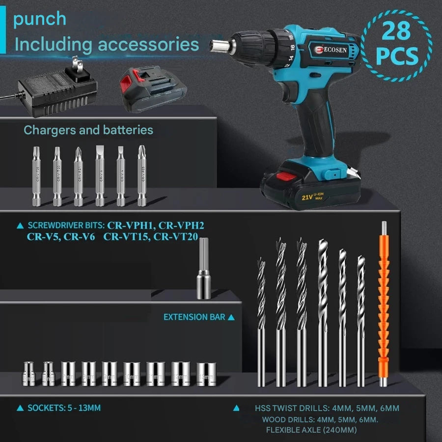 28 Pcs Screwdriver/Drill Kit + 2 Portable Batteries + Free Case
