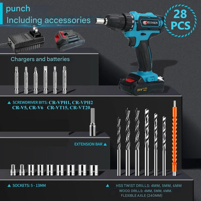 28 Pcs Screwdriver/Drill Kit + 2 Portable Batteries + Free Case