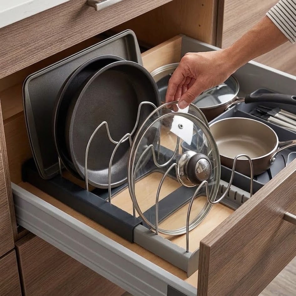 Expandable Pot and Lid Organizer Support