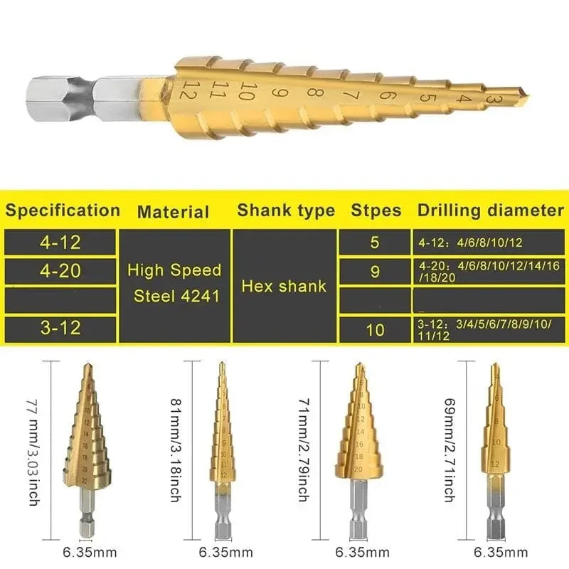 Complete Set of 6 Titanium Step Drill Bits
